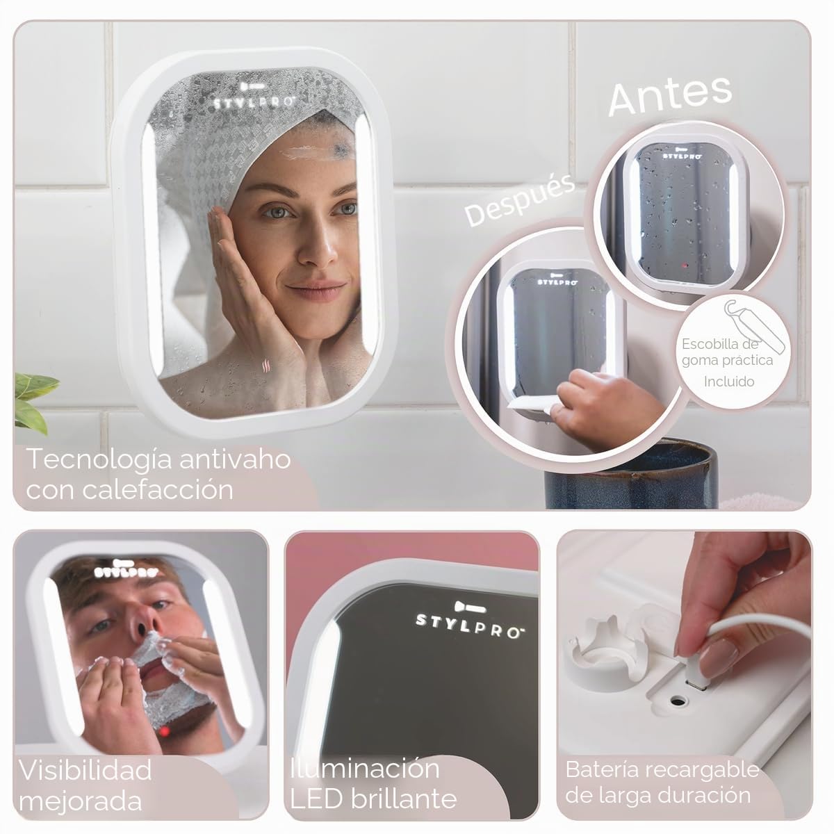 STYLPRO Espejo de baño antivaho: calefaccionado, iluminación LED, succión Segura, escobilla de Goma incluida. Hace Que Afeitar, Limpiar y Lavar en la Ducha Sea fácil. Resistente al Agua, Recargable,