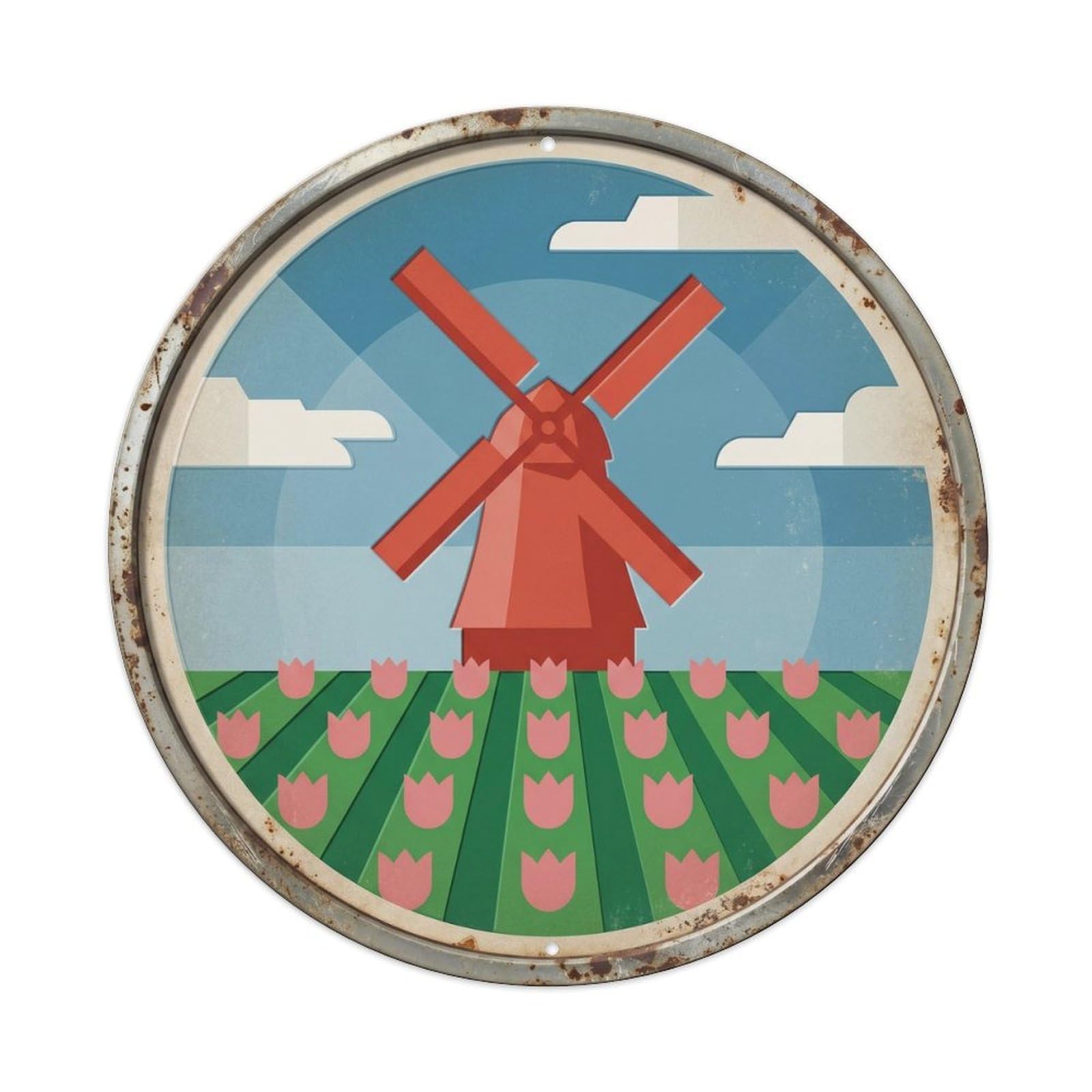 Amsterdam Windmill Countryside Travel Metal Tin Sign Plaque Wall Decor for Cafe, Club, Garden Round Metal Poster 8x8Inch