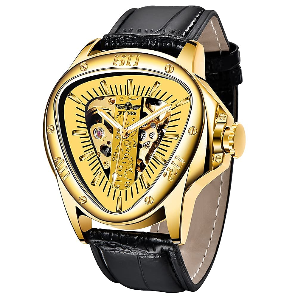 Triangle Golden Skeleton Watch for Men Mechanical Automatic Wristwatch Sport Silver Stainless Steel Mens Watches