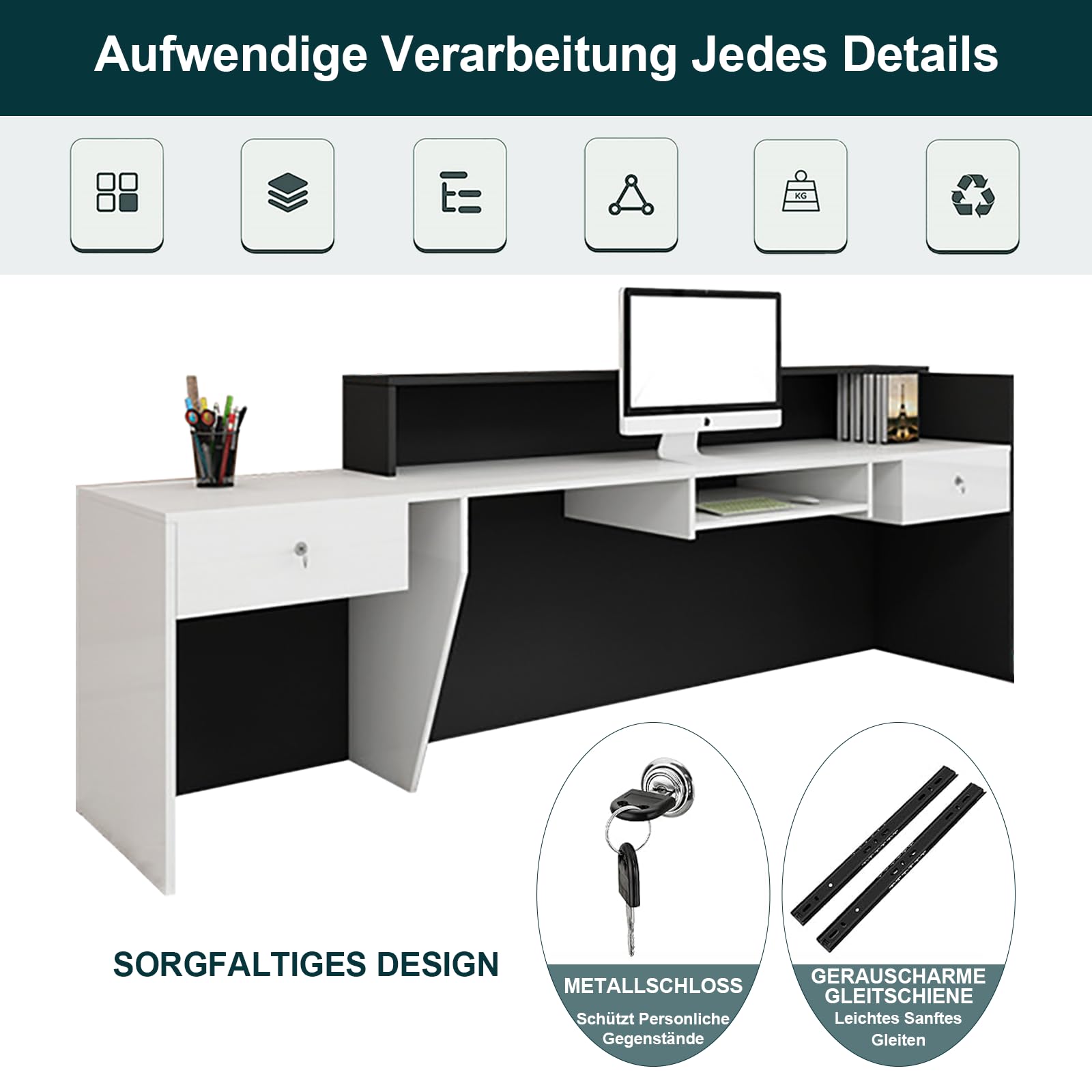 Empfangstresen für Praxis Moderne Empfangstheke aus Holz 160x60x100cm Kleinere Rezeptionstheken für Büro Boutique Spa Weiß–Schwarz–Links