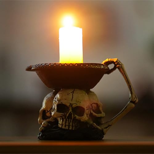 Miniatura 3 de Portavelas de Halloween, soporte de vela de escritorio de calavera de resina, decoración del hogar, regalo de fiesta (negro y blanco, 6.9 x 4.5 x
