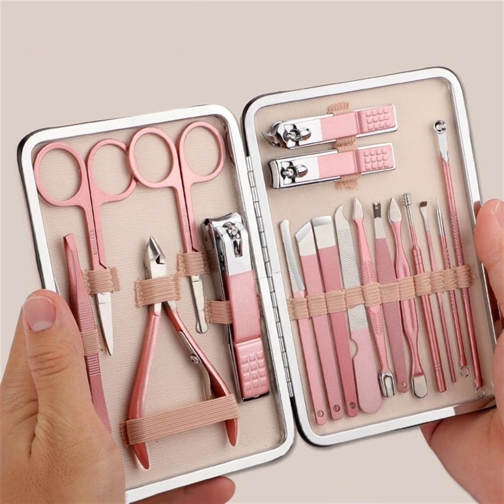 Manicure, zestaw do pedicure, zestaw do pielęgnacji pedicure, 18 w 1, ze stali nierdzewnej, z odpornym na zachlapanie, obcinaczem do paznokci, podróżny zestaw do manicure z różowym etui