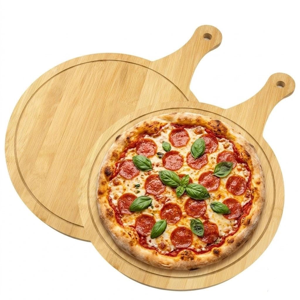 2 piatti per pizza, tagliere per pizza rotondo da 30 cm con manico, piatto da portata con scanalature, tagliere in legno, per tagliare e servire salumi, pane, formaggio, pizza
