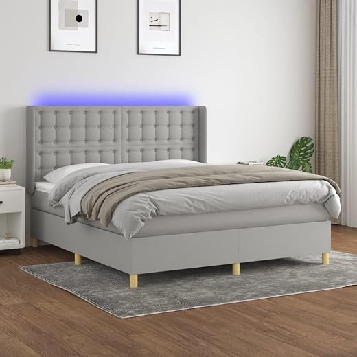 Box Spring Bed with Mattress&LED Light Gray Queen Fabric,Beds & Bed Frames-175.89lbs,Queen Bed