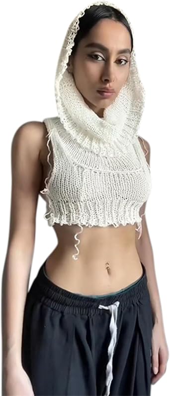 Womens Knitted Hoodie Sweater Vest Sexy Sleeveless Hollow Out Hooded Crop Top Draped Sweatshirt Streetwear