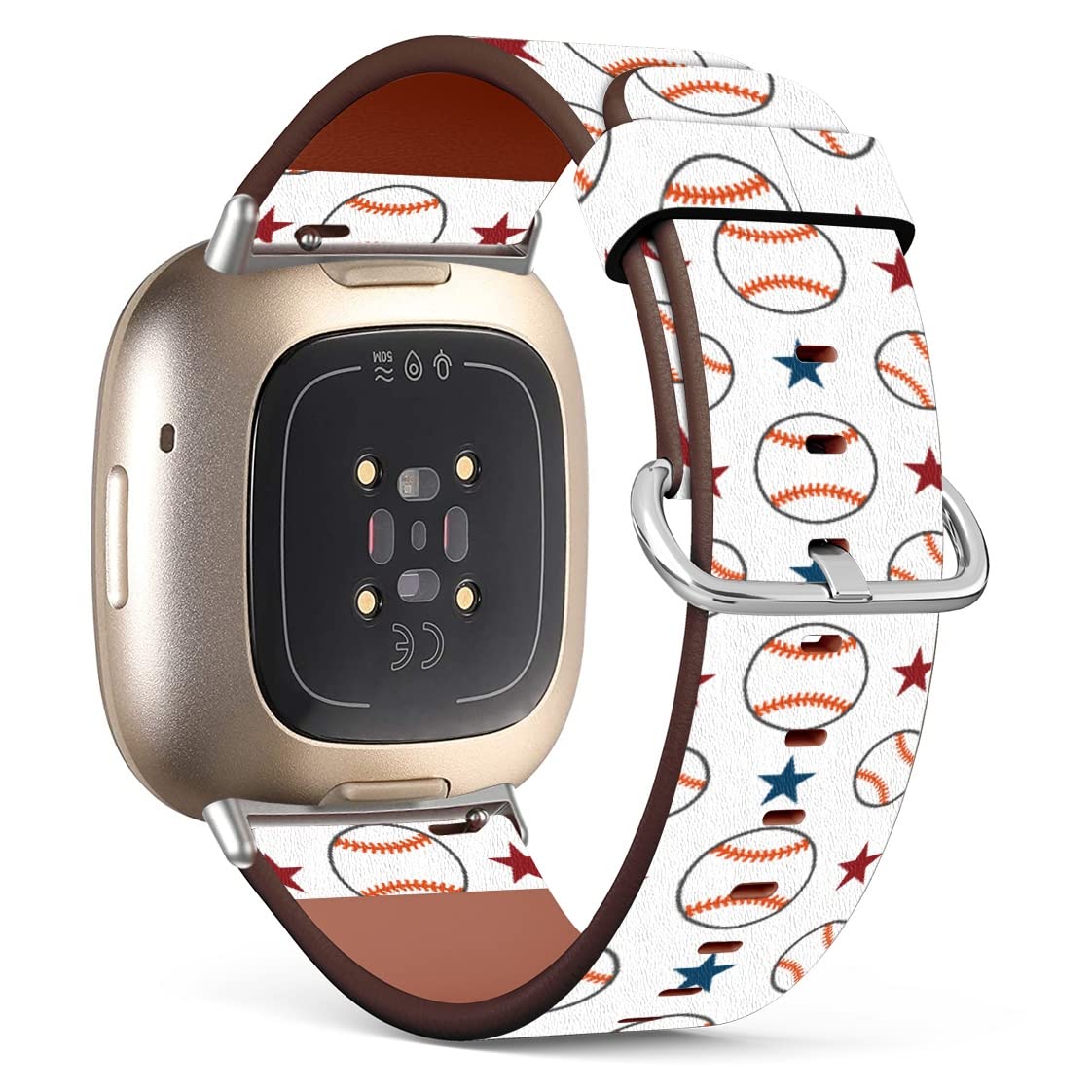 Mingdao Compatible with Fitbit Sense 2 / Sense / Versa 4 / Versa 3 Patterned Leather Replacement Band (Baseball And Star Pattern-Wb02)
