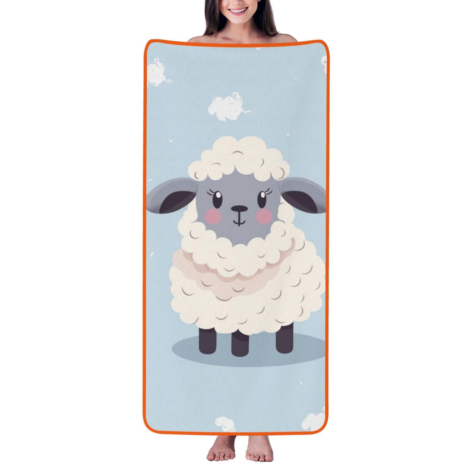 WPKJU Cute Cartoon Sheep Printed Bath Towel with Orange Edging - 27x55 in Soft Extra Absorbent Coral Velvet Shower Towels for Bathroom