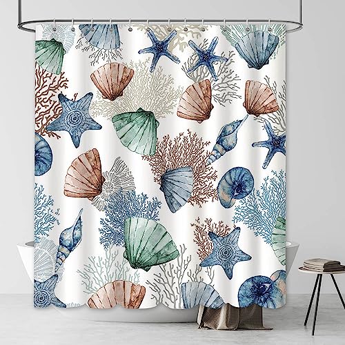 AIBIIN Nautical Coastal Shower Curtain Under The Sea Theme Bathroom Decor Marine Starfish Seashell coral Sea Waterproof Bath Curtain With 12 Hooks Modern Home Bathtub Fabric Decoration 180x180cm - Image 3