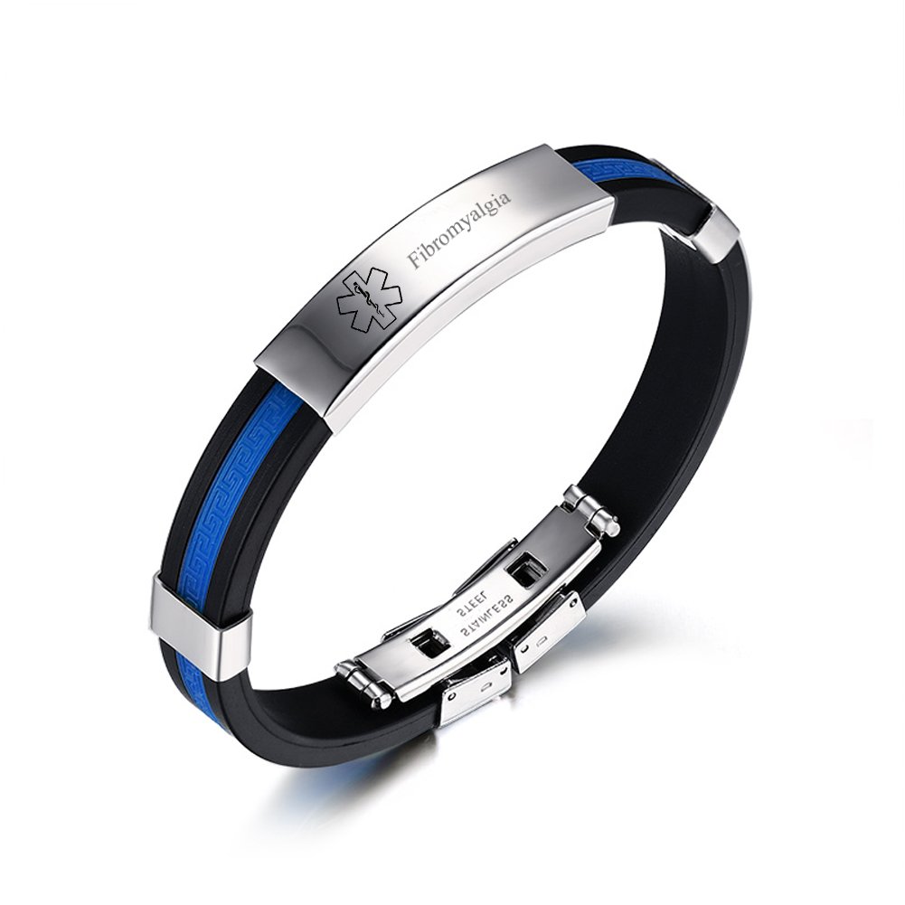 LiFashion CL Men's Stainless Steel Blue Silicone Wristband Medical ID Fibromyalgia Alert Bracelet Sos Emergency