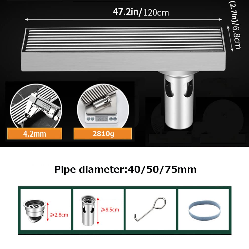 Edelstahl Duschrinne 200-1200mm Bodenablauf Duschablauf sehr flach Rechteck Ablauf für Badezimmer Abflussrinne Self Haus- Und Hofablauf Verstopfungsschutz (120cm)