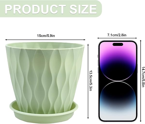 6 Pack Plastic Plant Pots 15cm/6-in Flower Pots with Drainage Holes and Tray Modern Decorative Planter Pot Indoor Outdoor Planters for All House Plants(6 Colour) - 2