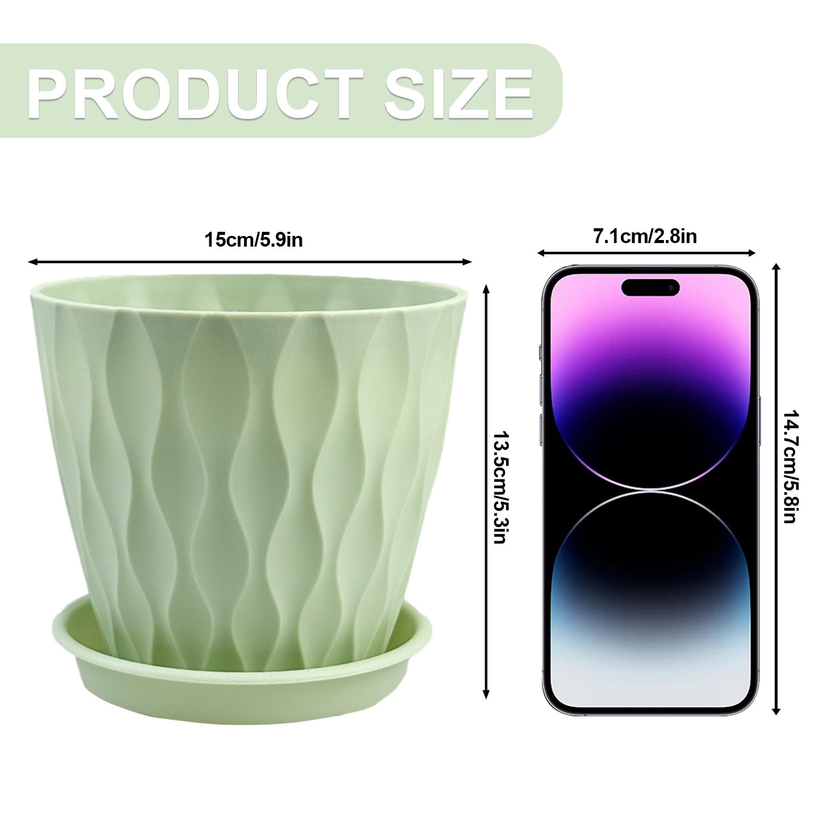 6 Pack Plastic Plant Pots 15cm/6-in Flower Pots with Drainage Holes and Tray Modern Decorative Planter Pot Indoor Outdoor Planters for All House Plants(6 Colour) - 3