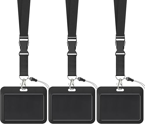 Uniclife - Paquete de 3 portatarjetas de identificación deslizante vertical de plástico duro negro con hebilla metálica con correa y gancho, para