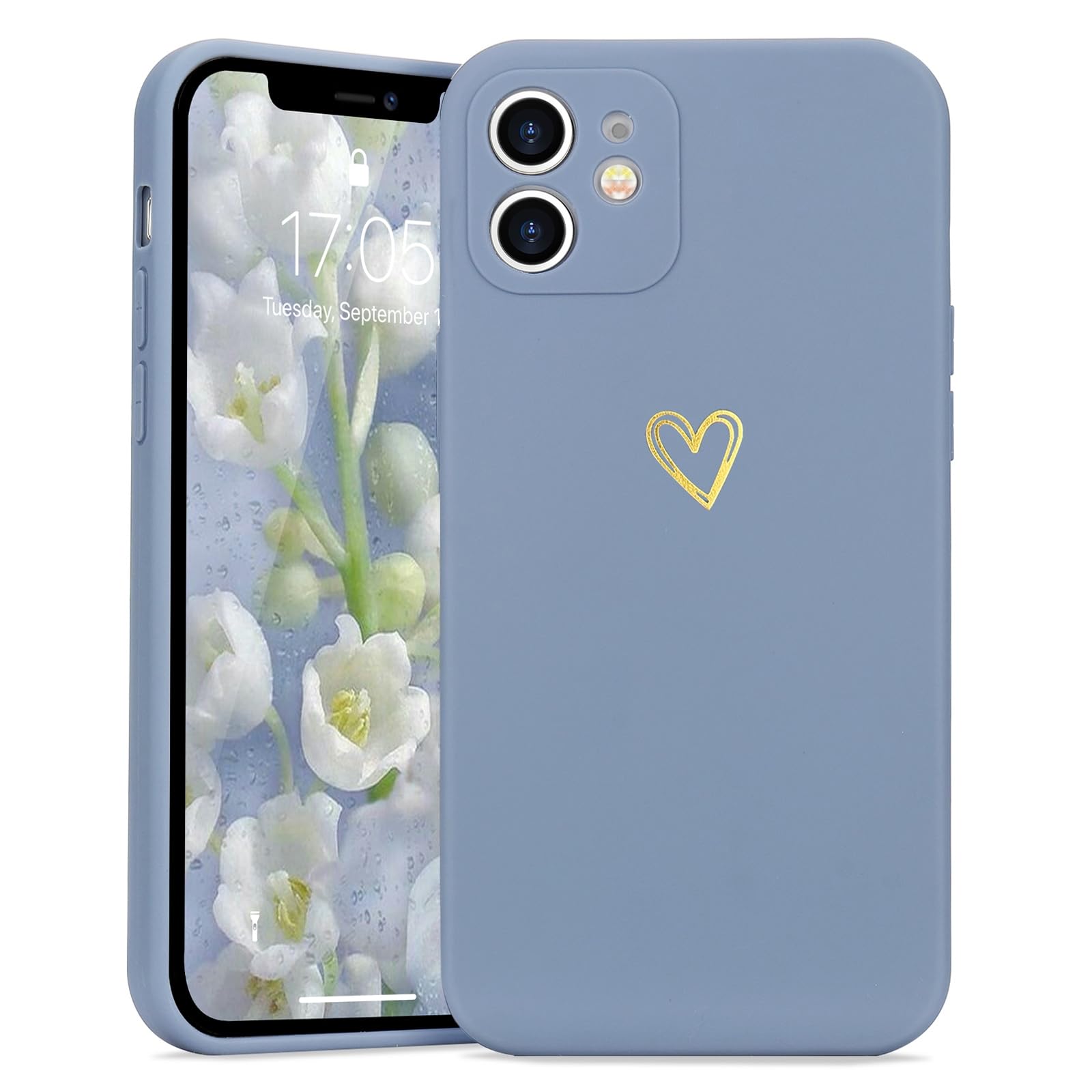 Wirvyuer for iPhone 12 Case Cute with Heart Pattern, Slim Protective Silicone Phone Case Cover for Women Girls, Blue Grey