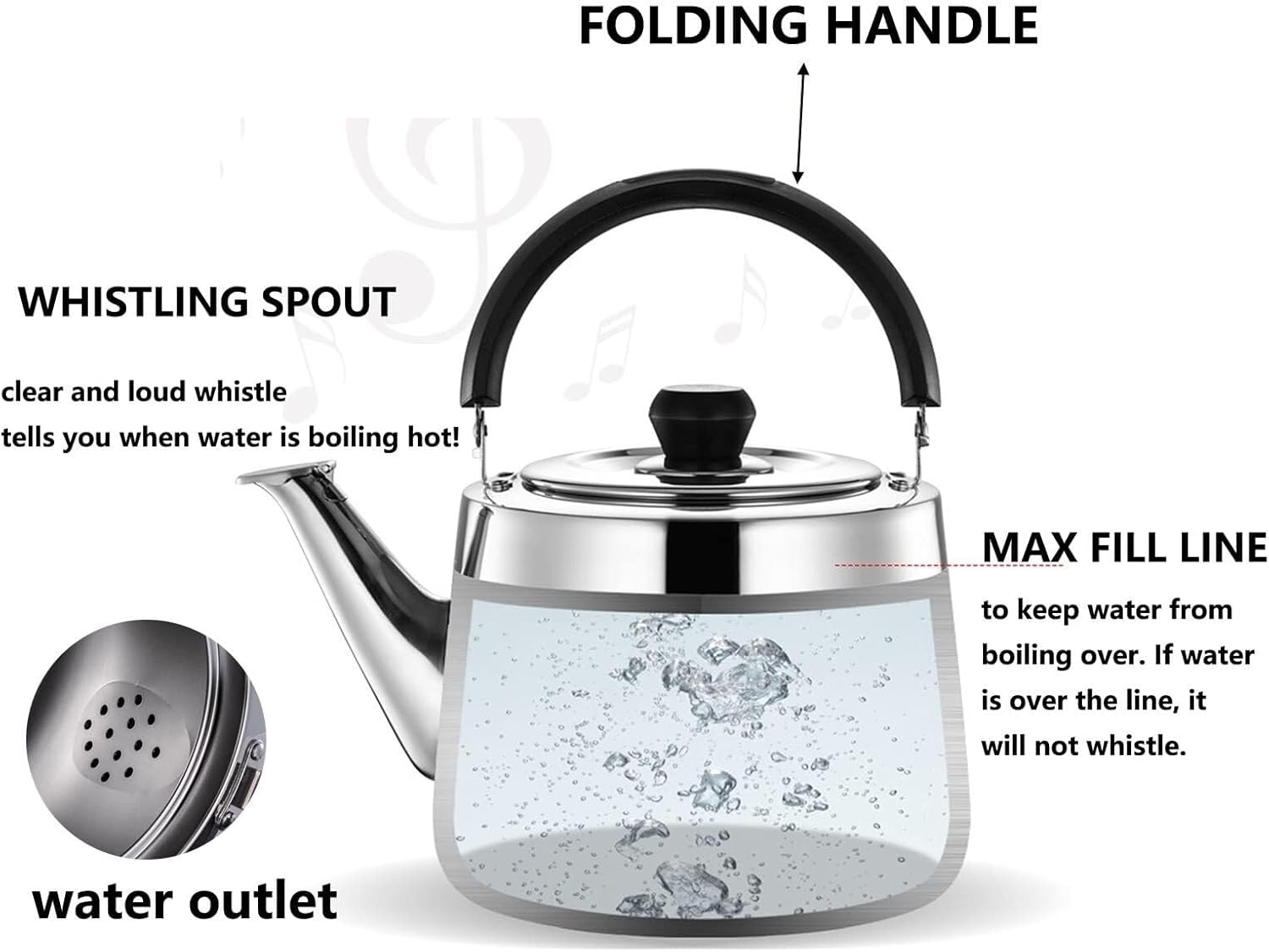 304 Stainless Steel Whistling Tea Kettle - Large Capacity for Induction, Gas, Electric & Halogen Stovetops(3.2 Quart)
