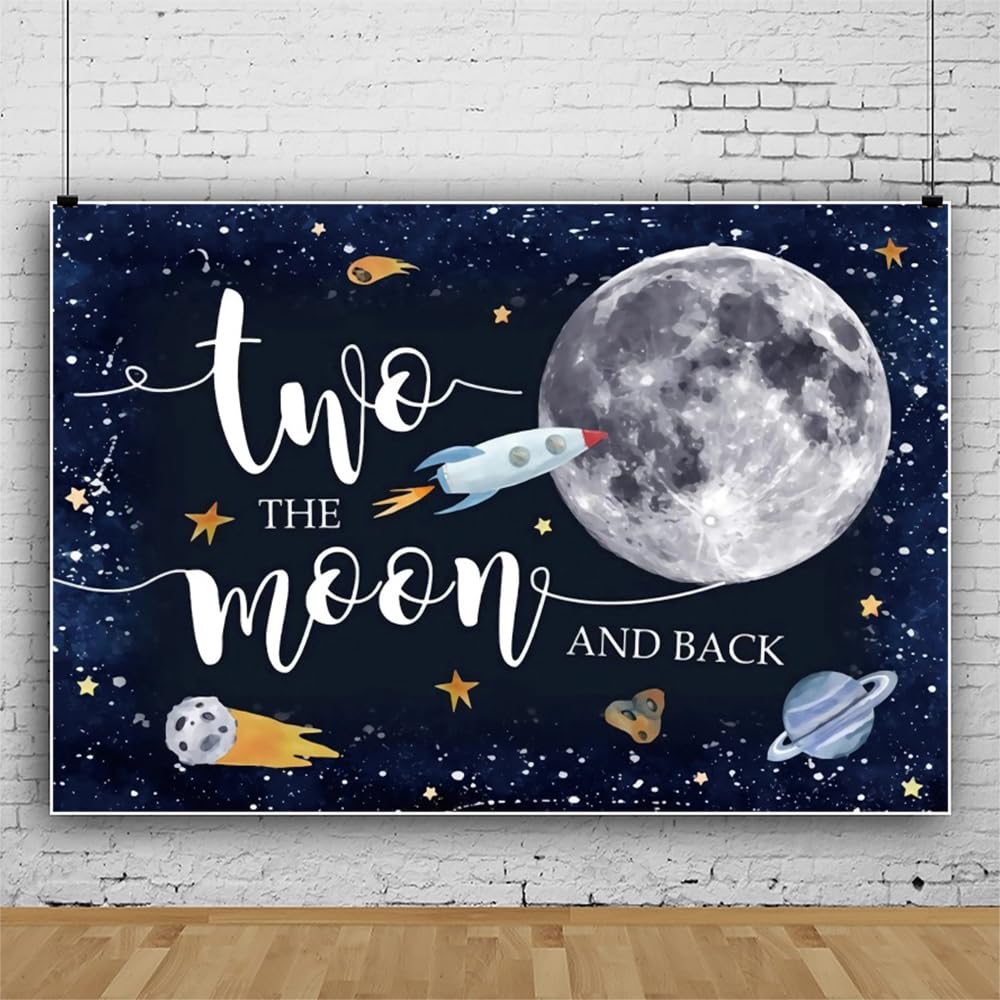 Leowefowa 2,7 x 1,8 m winylowe tło "Two The Moon" na 2. urodziny, kosmos, rakieta, astronauta, tło, nocne niebo, gwiazdy, planeta, galaktyka, tło, dekoracja na przyjęcie urodzinowe, rekwizyty studyjne