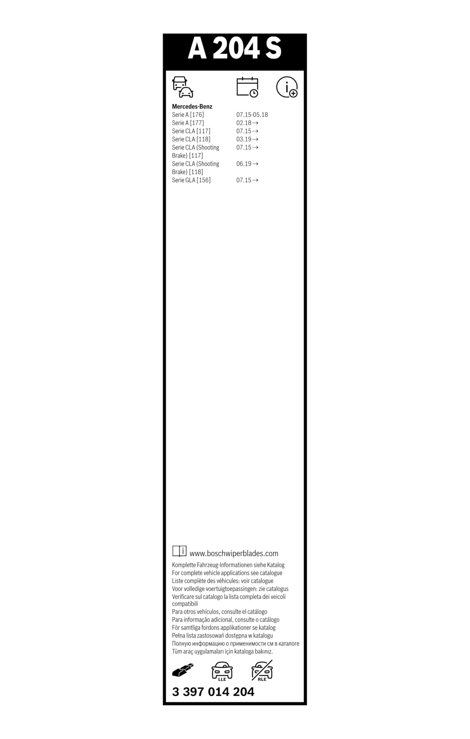BOSCH Balai d'essuie-glace A204S 3397014204 | Compatible avec: MERCEDES-BENZ A-CLASS, A-CLASS, A-CLASS Stufenheck, CLA, CLA Coupe, CLA Shooting Brake, CLA Shooting Brake