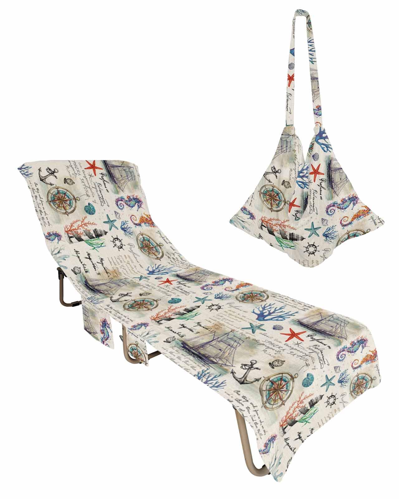 Beach Pool Patio Lounge Chaise Chair Cover Towel with Pockets,Nautical Anchor Absorbent & Quick Dry Microfiber Towel Cover Bag Summer Travel Accessories Coastal Beach Seahorse Sailboat Off White