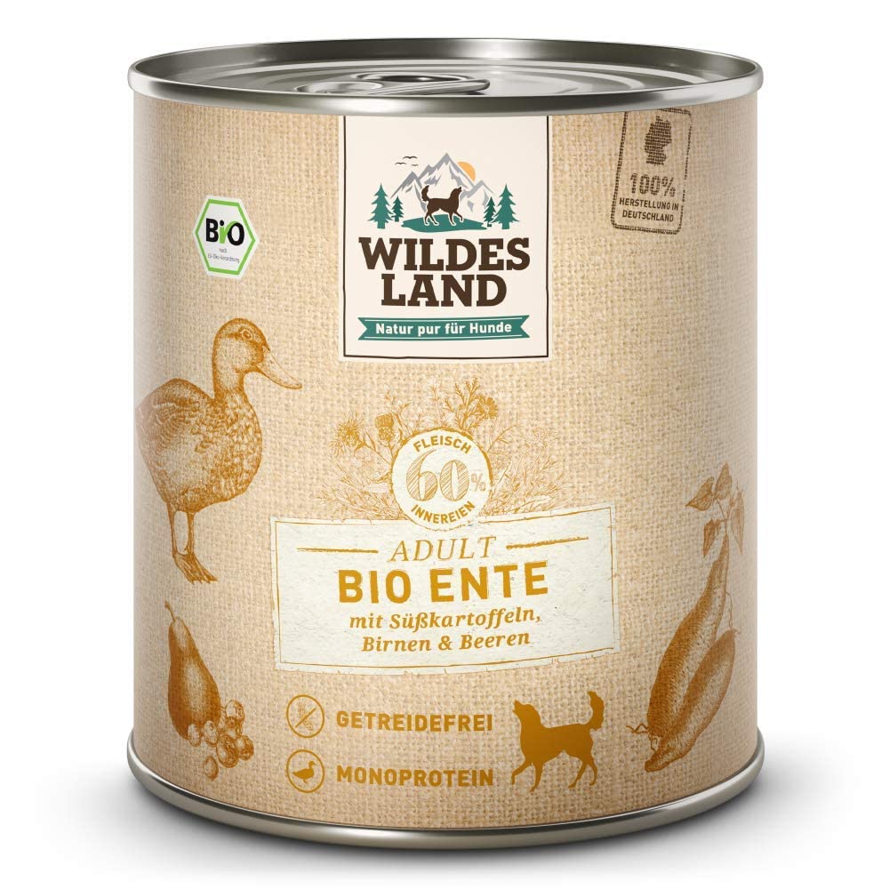 WILDES LAND – Ente | Nassfutter mit extra hohem Fleischanteil und natürlichen Zutaten für ausgewachsene Hunde. Getreidefreies Alleinfutter ohne Zusatzstoffe in der Dose | 24x800g Ente
