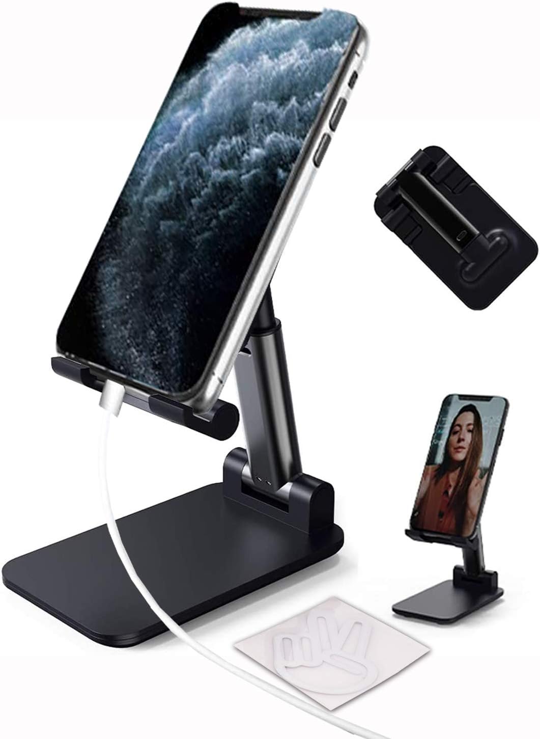 FOURCHENCell Phone Stand, Angle Height Adjustable Cell Phone Stand for Desk, Thick Case Friendly Phone Holder Stand for Desk, Compatible with All Mobile Phones (Black)