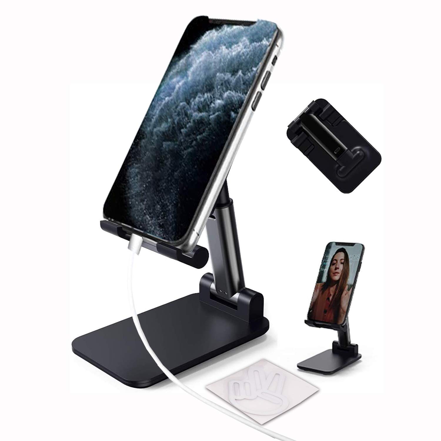 FOURCHENCell Phone Stand, Angle Height Adjustable Cell Phone Stand for Desk, Thick Case Friendly Phone Holder Stand for Desk, Compatible with All Mobile Phones (Black)
