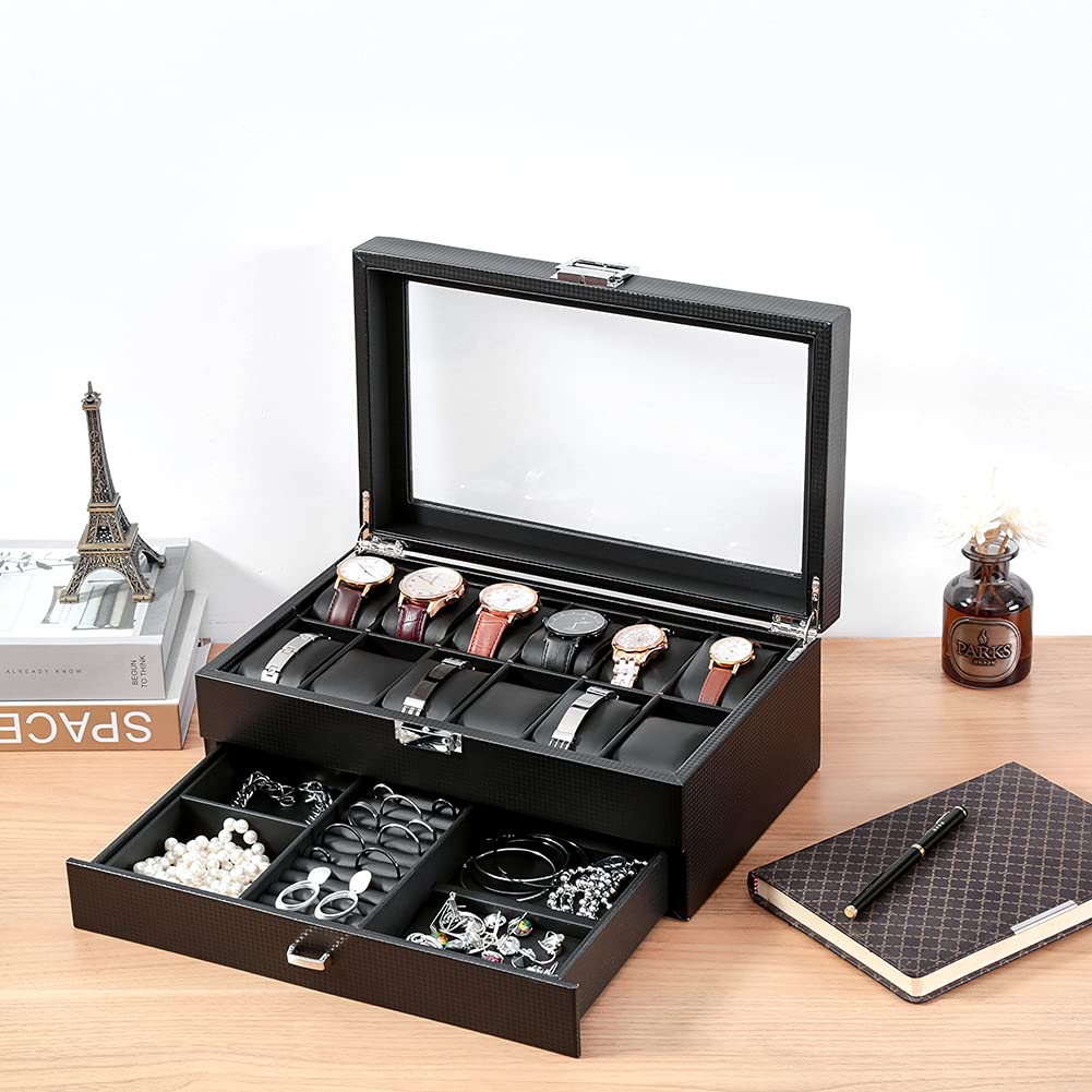 Caja de reloj de piel con 12 compartimentos, con cajón, caja de relojes de lujo, organizador de presentación, caja de relojes, anillos, pulseras (fibra de carbono W79T)