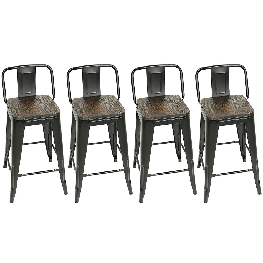 Lot de 4 Tabouret de Bar Metal,Tabouret Haut Industriel 84cm de Hauteur Assise avec Dossier et siège en Bois,pour Cuisine Bistrot Salle à Manger Intérieur et Extérieur,4 pièces (84 x 42 x 42 cm)