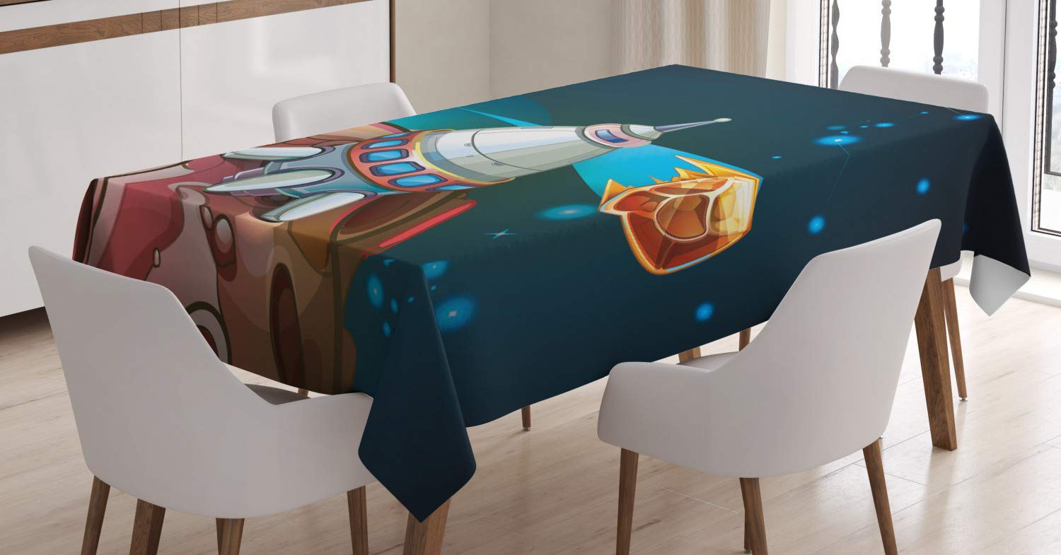 Ambesonne Cartoon Tablecloth, Spacecraft Planets Outer Space Theme Rocket Stars Galaxy Cosmic Illustration, Dining Room Kitchen Rectangular Table Cover, 52" X 70", Multicolor