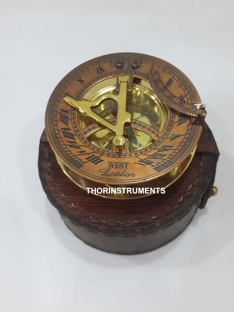 Solid Brass 3" Marine Working Sundial Compass Antique Dial Marine Brass Compass Leather Case