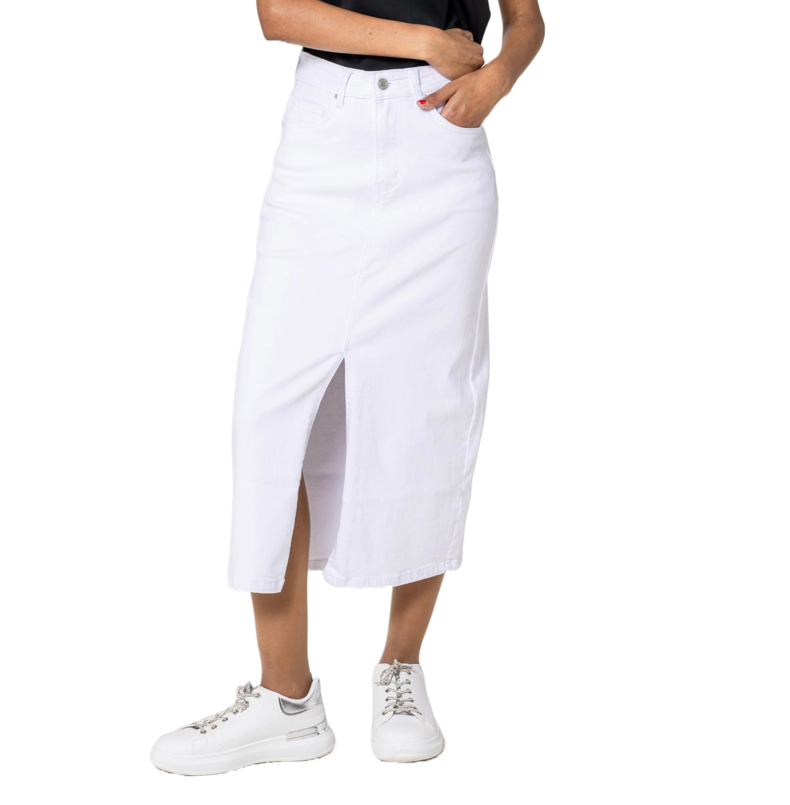 Nina Carter P215 Falda vaquera para mujer, cintura alta, hasta la pantorrilla, con abertura frontal, falda larga, con cremallera, elástica, aspecto desgastado
