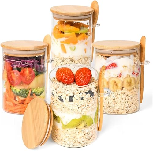 4 Pack Overnight Oats Containers with Lids Spoons Overnight Oat Jars 18oz