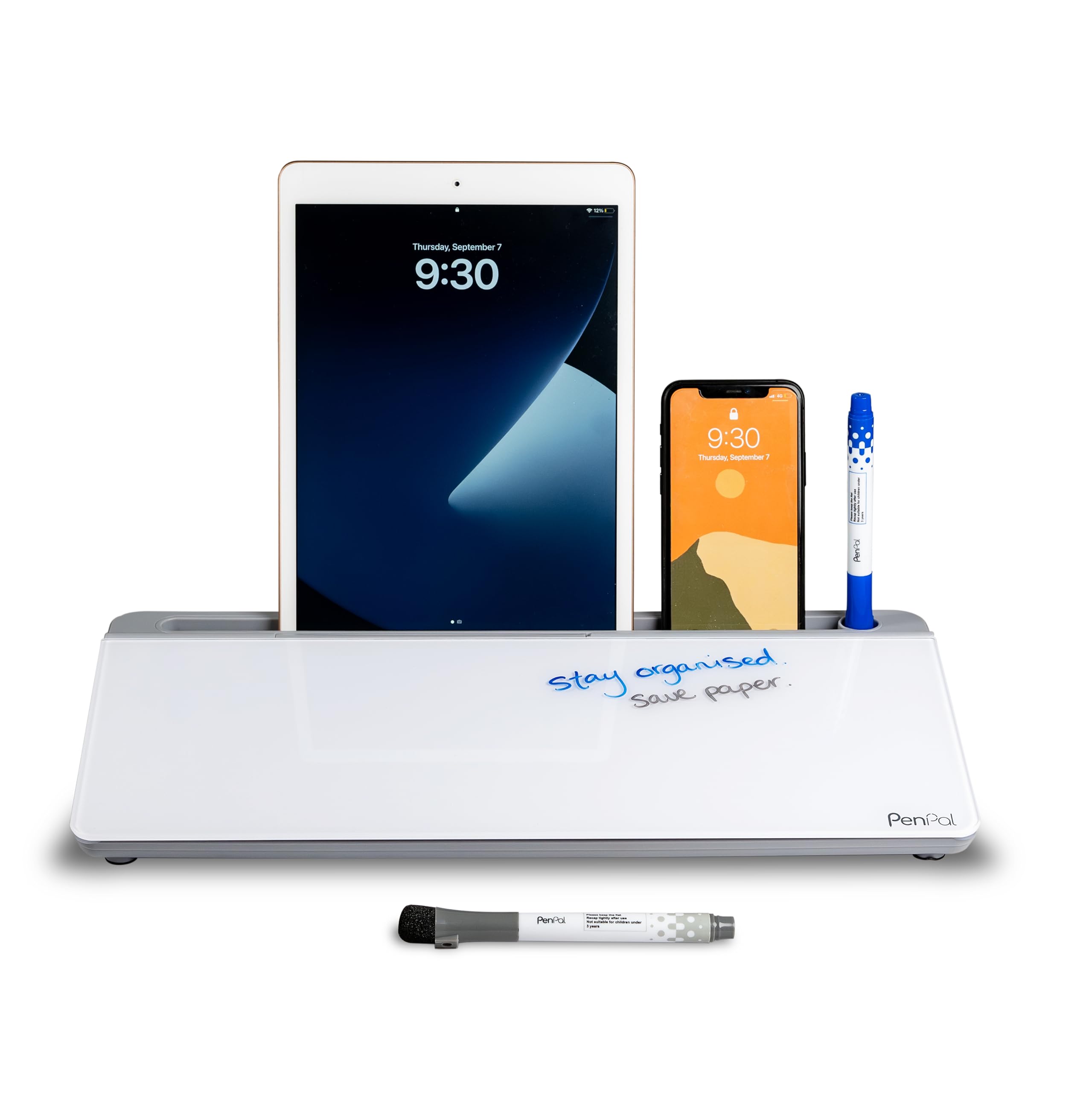 PenPal Desktop Dry Erase Whiteboard & Desk Organiser - Storage Compartment, Phone, Tablet & Pen Holder - Complete Desk Accessory for Home, Office, School - Space Grey (40cm)