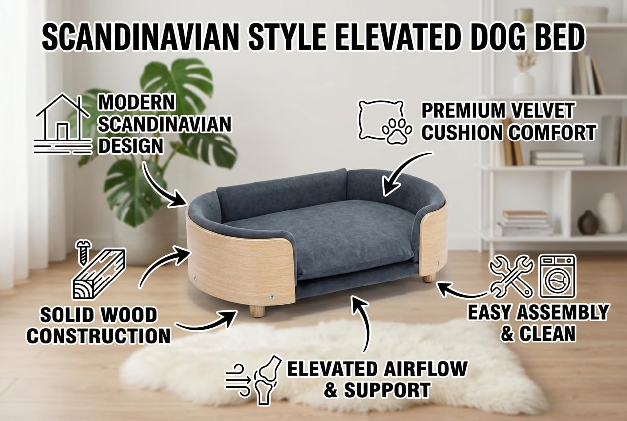 Scandinavian Style Elevated Dog Bed Pet Sofa with Solid Wood Legs and Wood Dog Bed Bent Wood Back, Velvet Cushion Dog Bed Wood Mid Size Dark Grey, Modern Minimalist Design