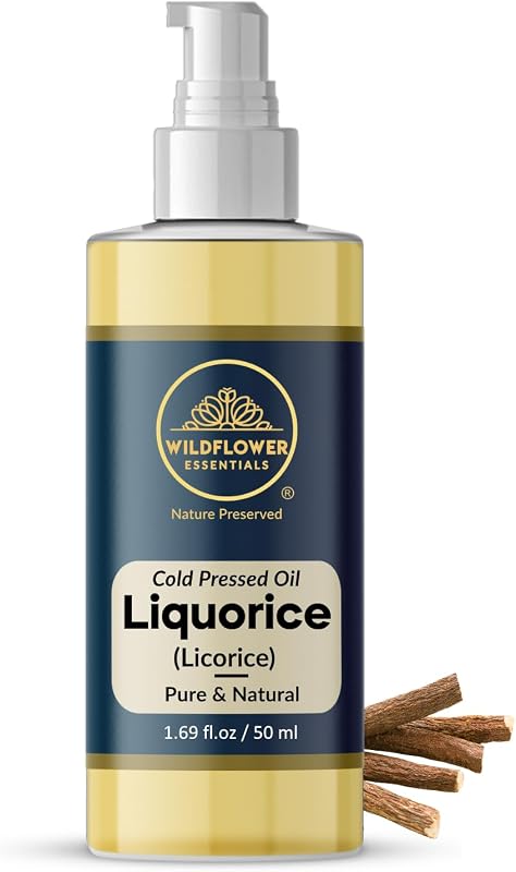 Óleo de alcaçuz WILDFLOWER ESSENTIALS Glycyrrhiza glabra prensado a frio com bomba dosadora, 50 mL
