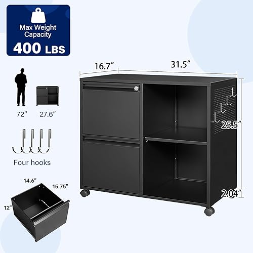 Miniatura 3 de Yizosh Archivador de metal de 2 cajones con cerradura, archivador lateral móvil, soporte de impresora con estantes de almacenamiento ajustables para