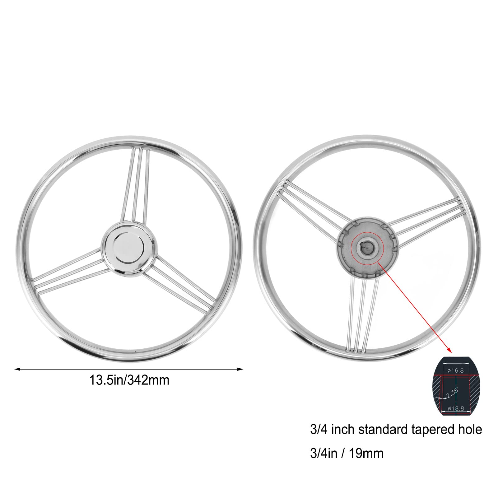 Volanti da, Volante da Barca da 13,5 Pollici 9 Razze 15° 3 Ruote da 4 Pollici con Albero Conico Standard in Acciaio Inossidabile Lucido, Barca per Nave da Yacht Universal Fit