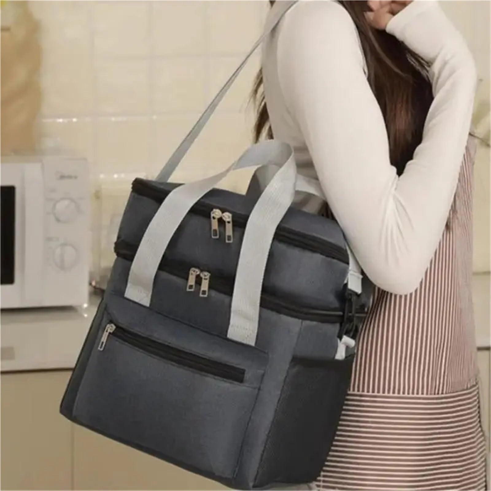 Borsa frigo Borse da pranzo multifunzionali a doppio strato for donna e uomo Scatola picnic viaggio di grande capacità con tracolla per Esterni(Black)
