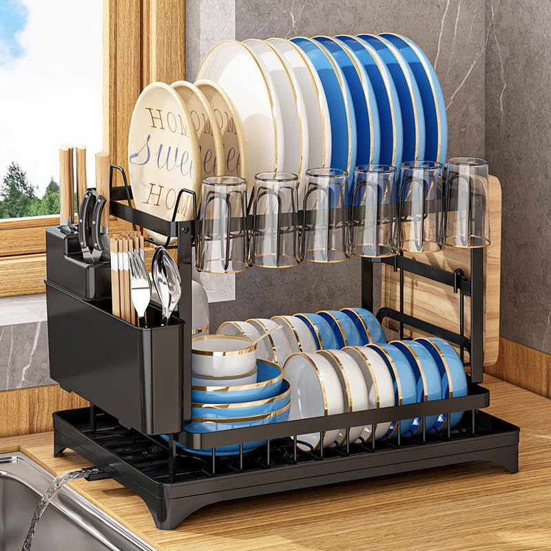 Image of ZENOVIA 2 Tier Stainless Steel Dish Drying Rack for Kitchen Counter | Drain Tray, Plate Stand, Cup Holder, Cutlery Holder