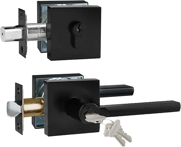 HISAFE Keyed Entry Door Handle with Single Cylinder Deadbolt Combo, Keyed Alike(Same Keys Only Per Set) Front Door/Exterior Door Lever Lockset, Matte Black, 1 Set