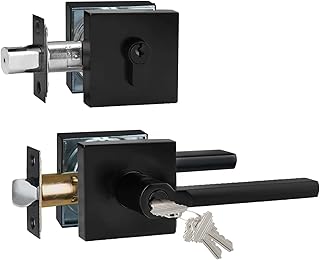 Keyed Entry Door Handle with Single Cylinder Deadbolt Combo, Keyed Alike(Same Keys Only Per Set) Front Door/Exterior Door Lever Lockset, Matte Black, 1 Set