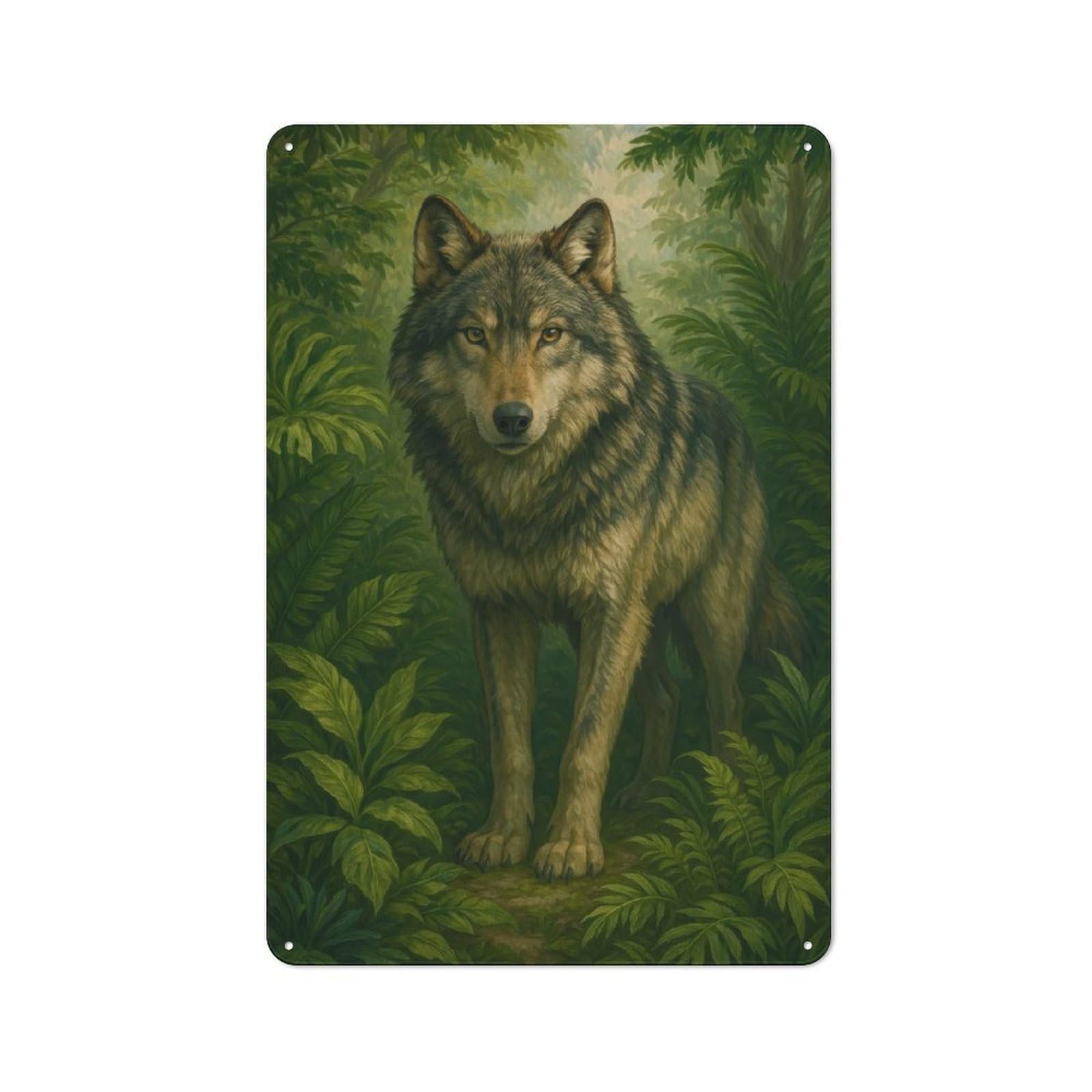 Junmoney Style-18 Wolf In Lush Green Forest Retro Metal Sign 30X20cm, Retro Garage Wall Decor For Tool Room, Garage, Studio Or Home Bar