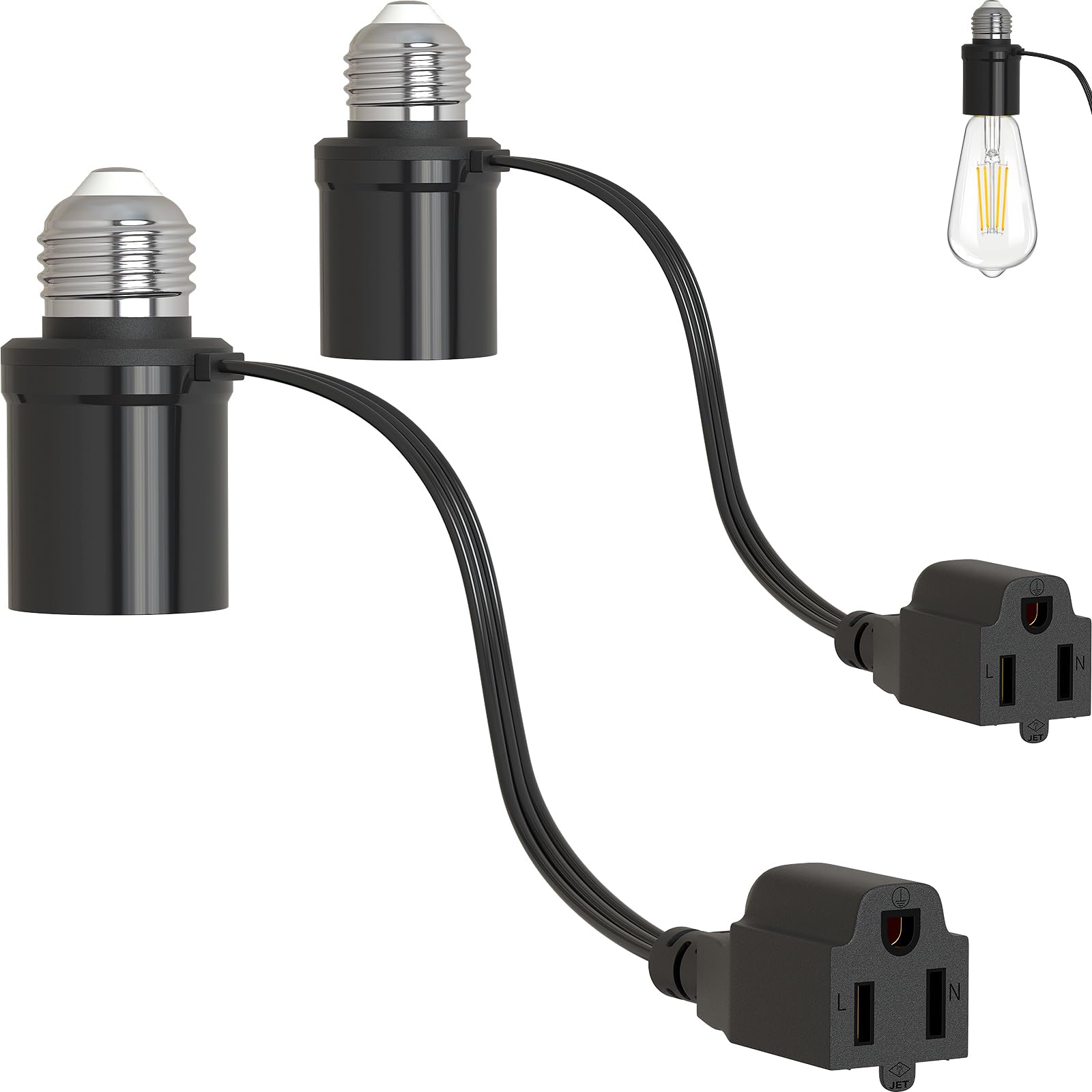 Aaeytby Light Socket Outlet Adapter, 3 in 1 Light Socket to Plug Adapter, Convert E26/E27 Bulb Socket to 3 Prong Outlet with Extension Cord, Suitable for Outdoor Porch Patio Garage 2-Pack