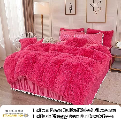 Image of LIFEREVO Luxury Plush Shaggy Duvet Cover Set, Soft Velvet Fluffy Duvet Cover Furry Bedding Comforter Set(1 Faux Fur Fuzzy Duvet Cover + 1 Pompoms Pillow Case), Zipper Closure(Twin /Twin XL, Hot Pink)