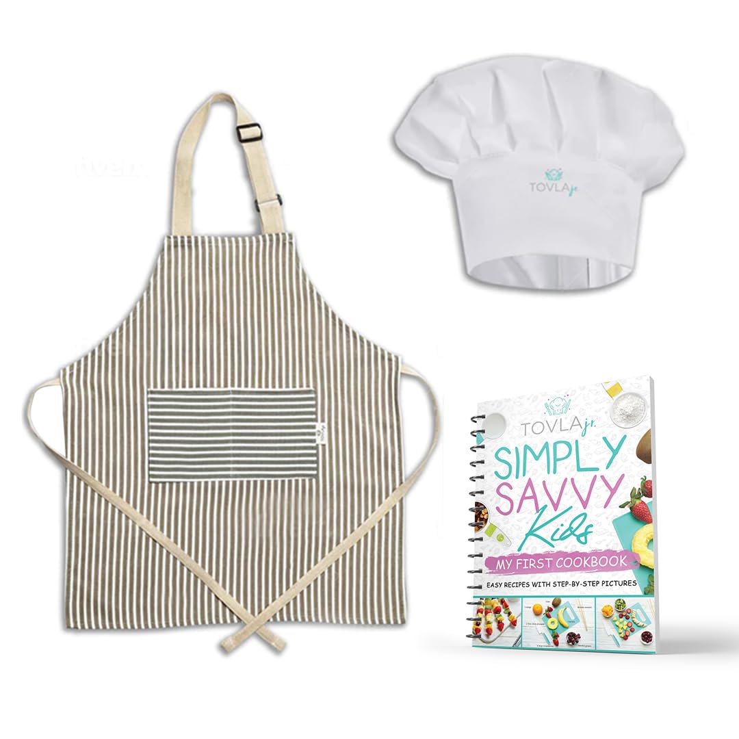 TOVLA JR. Toddler Kitchen Apron, Hat and Cookbook Gift Set for Kids with Pocket for Boys and Girls, Comfortable Cotton Canvas for Baking and cooking Ages 3-10