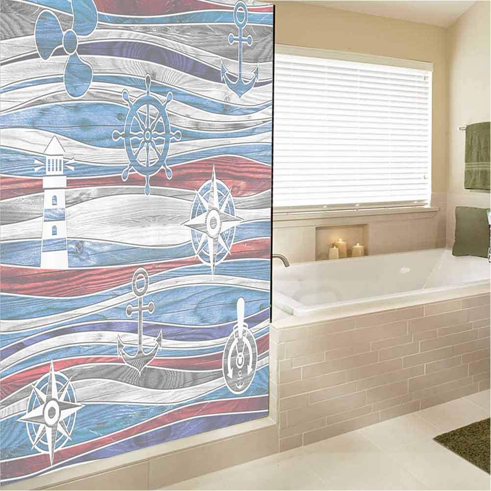 Anchor Decor Collection Window Film Non Adhesive Shipping Boat Anchor Lighthouse Steering Wheel Compass Waves Background Image Embrace Nature Red Navy Blue Grey 18.1 x 78.7 Inch