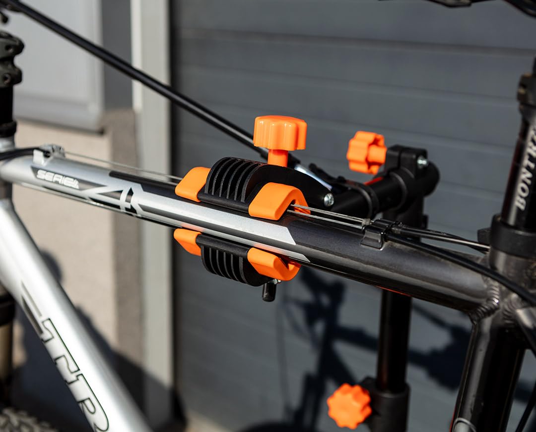 NEO TOOLS Stojak serwisowy do roweru, maksymalne obciążenie: 30 kg, półka na narzędzia, regulacja wysokości i odległości nóg za pomocą pokręteł, w zestawie drążek teleskopowy do usztywnienia