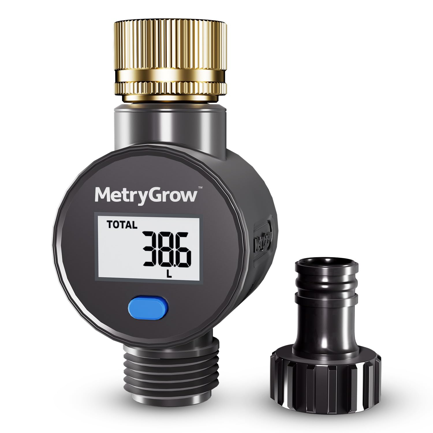 Metrygrow Black Water Flow Meter With Brass Inlet, Measuring Gallon/Liter Consumption And Flow Rate For Outdoor Garden Hose Watering, Rv Essentials Water Tank Filling, Sprinkler And Nozzle Sprayer (1 Pack)