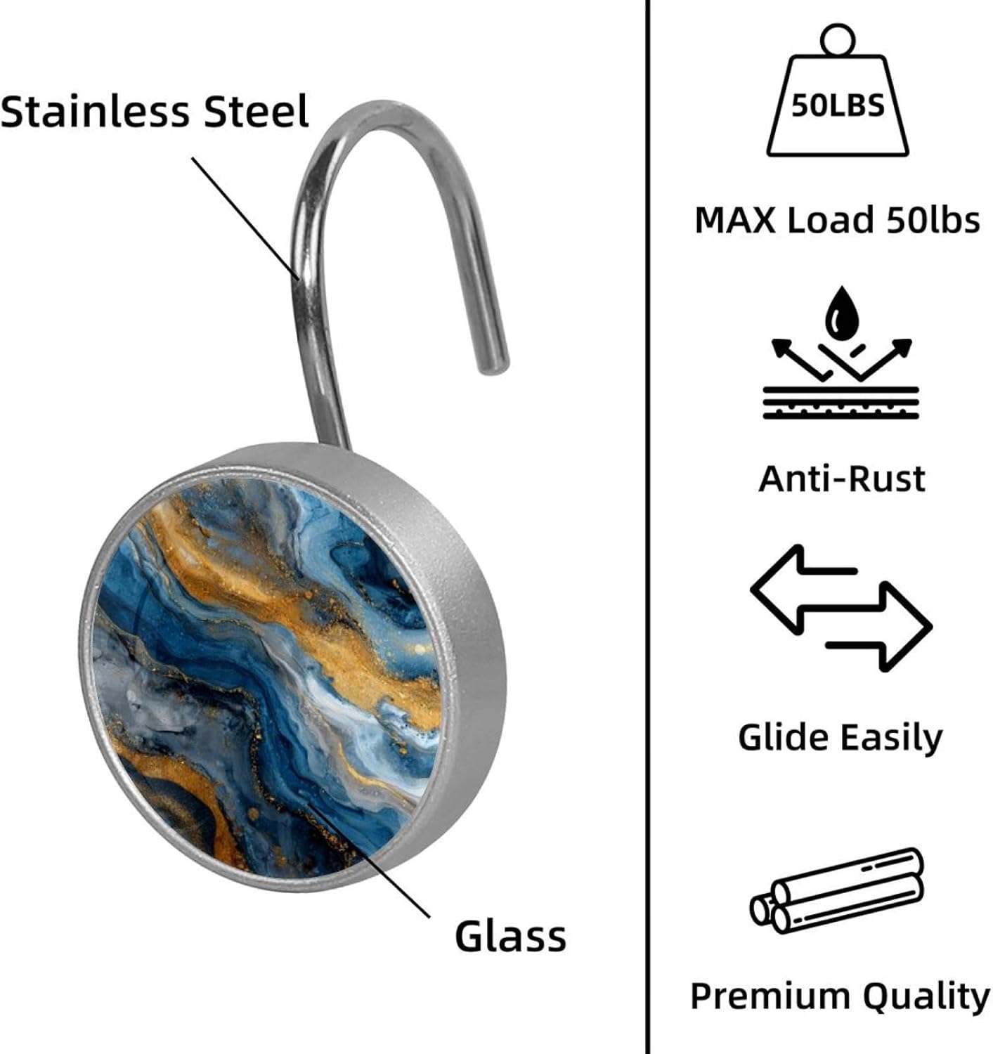 12 Pcs Abstract Blue Gold Marble (1) Shower Curtain Hooks, Rustproof Decorative Metal Round Shower Curtain Hangers Rings for Bathroom Bedroom Living Room Rods