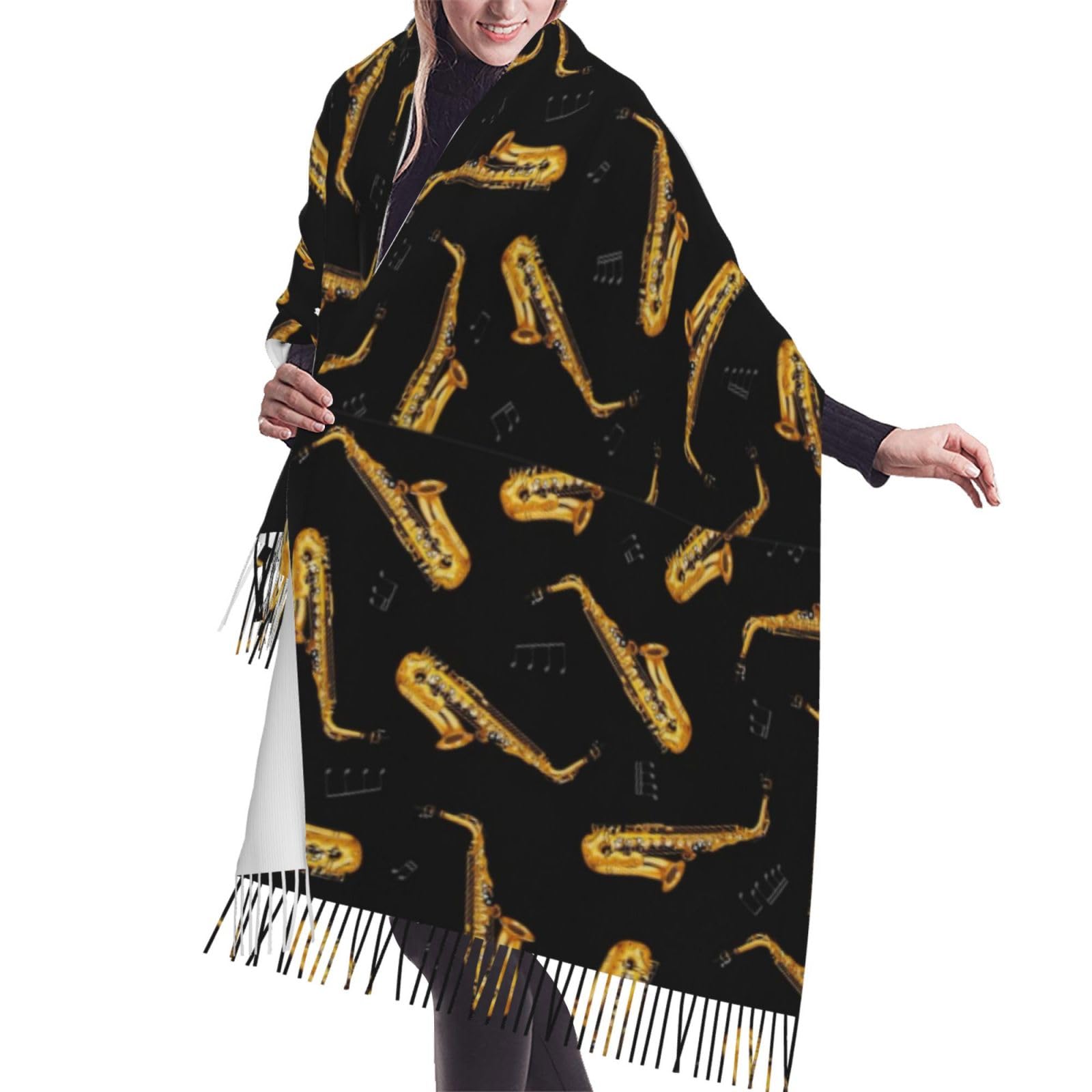 GRatka Scarf,Saxophone, Unisex Fringed Scarf Large Warm Soft Cashmere Feel Shawls Wraps 196x68 cm