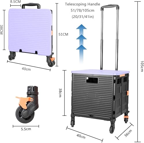 Miniatura 85 de FELICON SELORSS - Carrito plegable portátil con ruedas para subir escaleras y ruedas giratorias de 360°, mango telescópico, caja de plástico